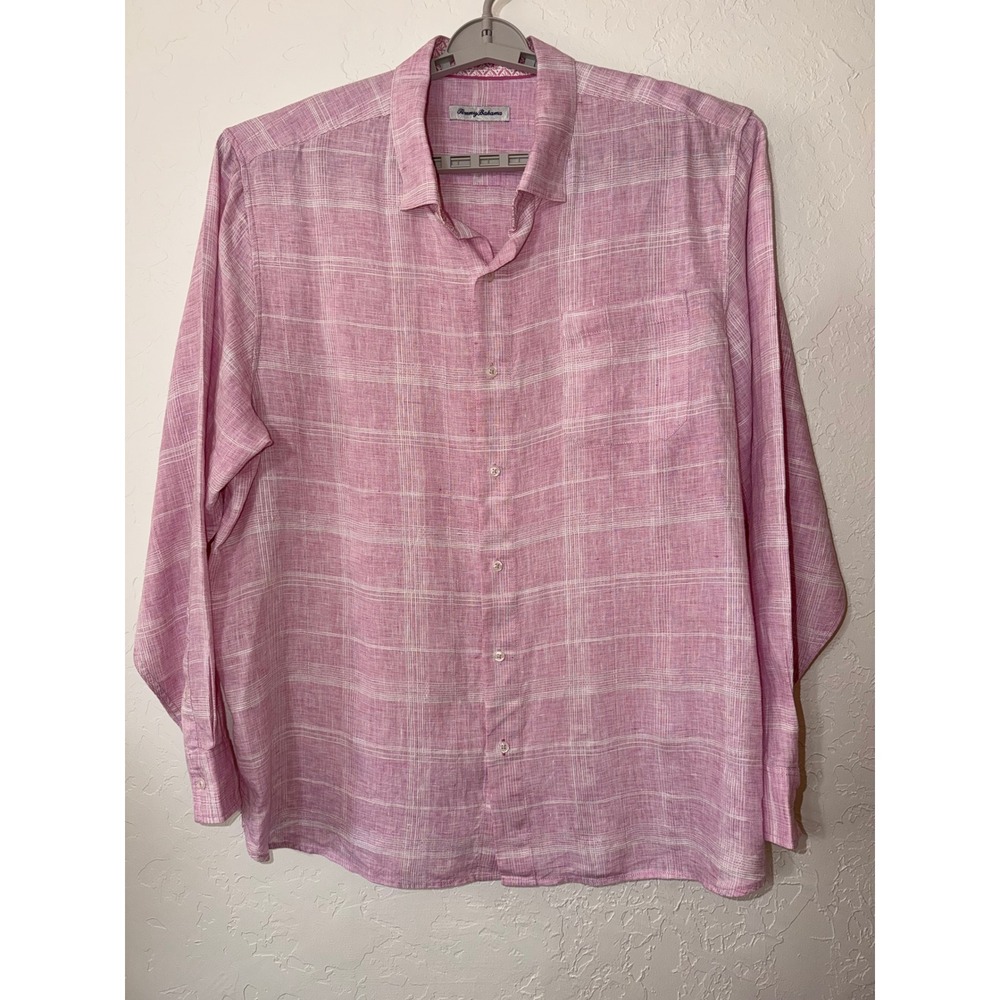 Tommy Bahama Paradisio Plaid Linen Long Sleeve Button Up Shirt Pink 2XLT